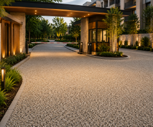Modern gated community entrance at dusk